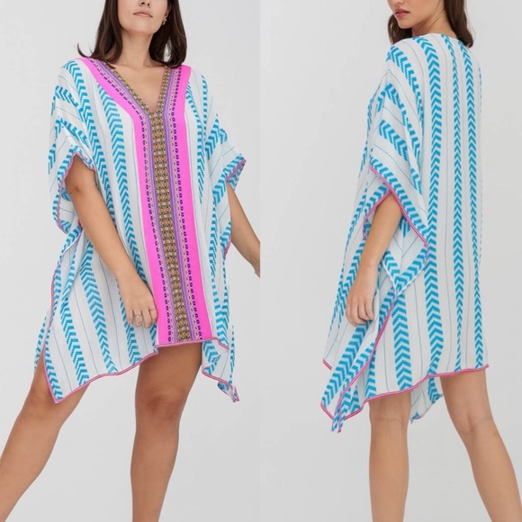REVOLVE PitUSA Mini Thobe Blue Pink Embroidered Mini Dress Standard Swim Coverup - Picture 1 of 11